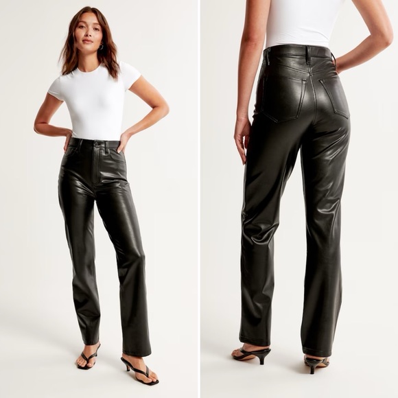 Abercrombie & Fitch The 90s Straight Ultra High Rise Black Faux Leather Pants 16 - Picture 2 of 16